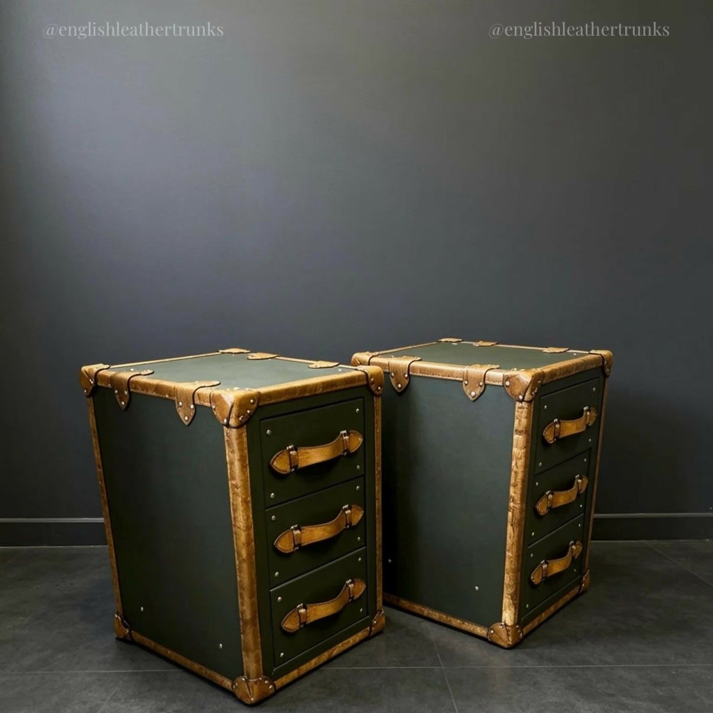 English luxury leather vintage nightstands | Olive green matching bedside tables | Hand dyed