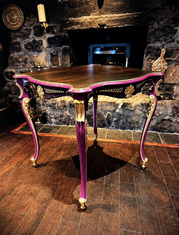 Vintage French Style Occasional Table In Burgundy & Gold Statement Accent