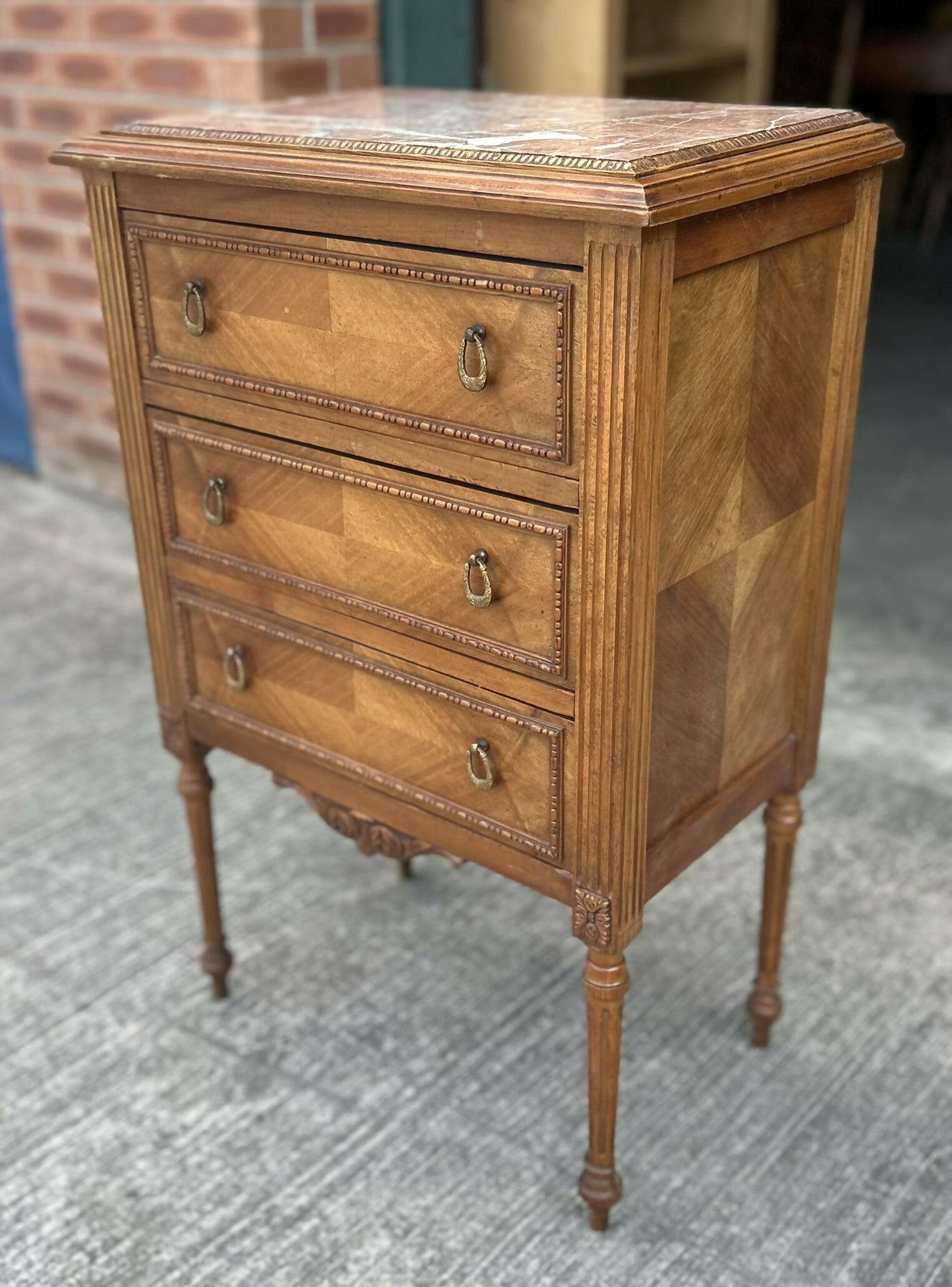 Antique French Louis XVI Style Walnut Marble Topped Bedside Chest Of Drawers