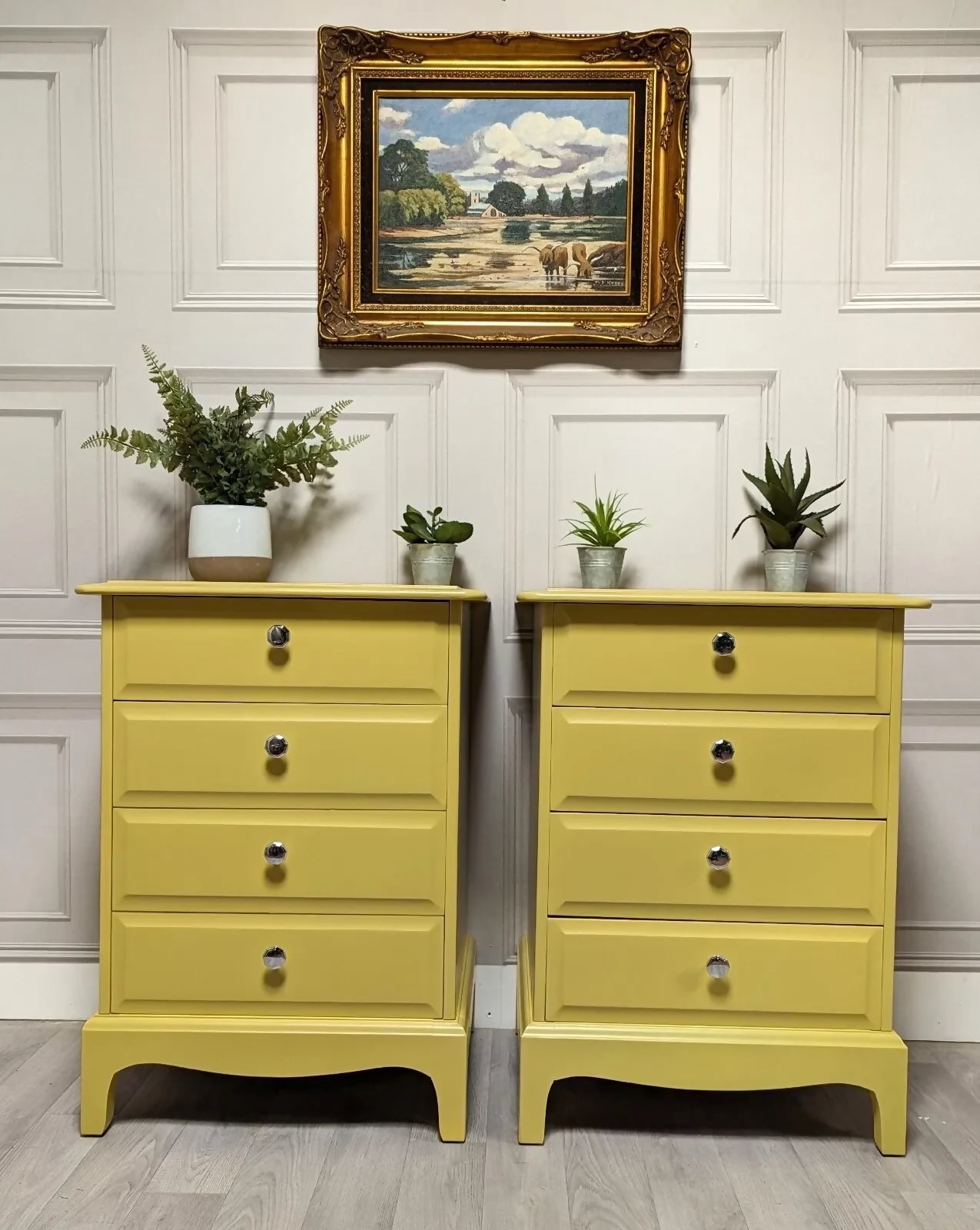 Profesionally Sprayed 2 X yellow Stag Minstrel 4 Drawer Bedside Tables (pair)