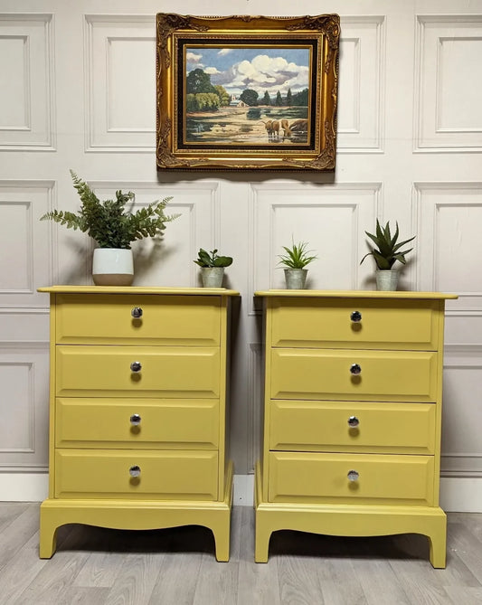 Profesionally Sprayed 2 X yellow Stag Minstrel 4 Drawer Bedside Tables (pair)