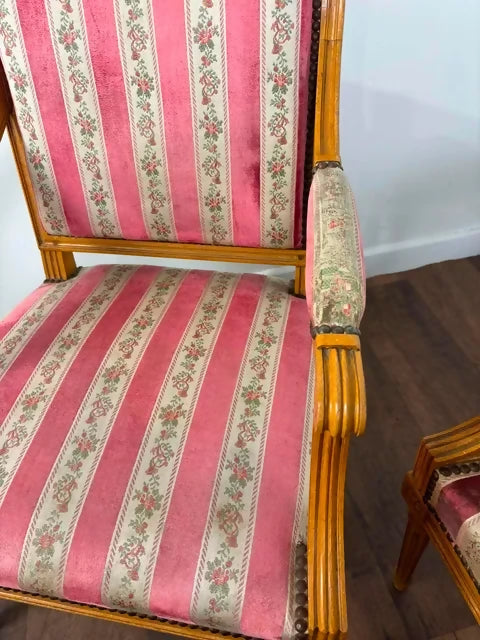 Pair of French Louis XVI Style Upholstered Armchairs