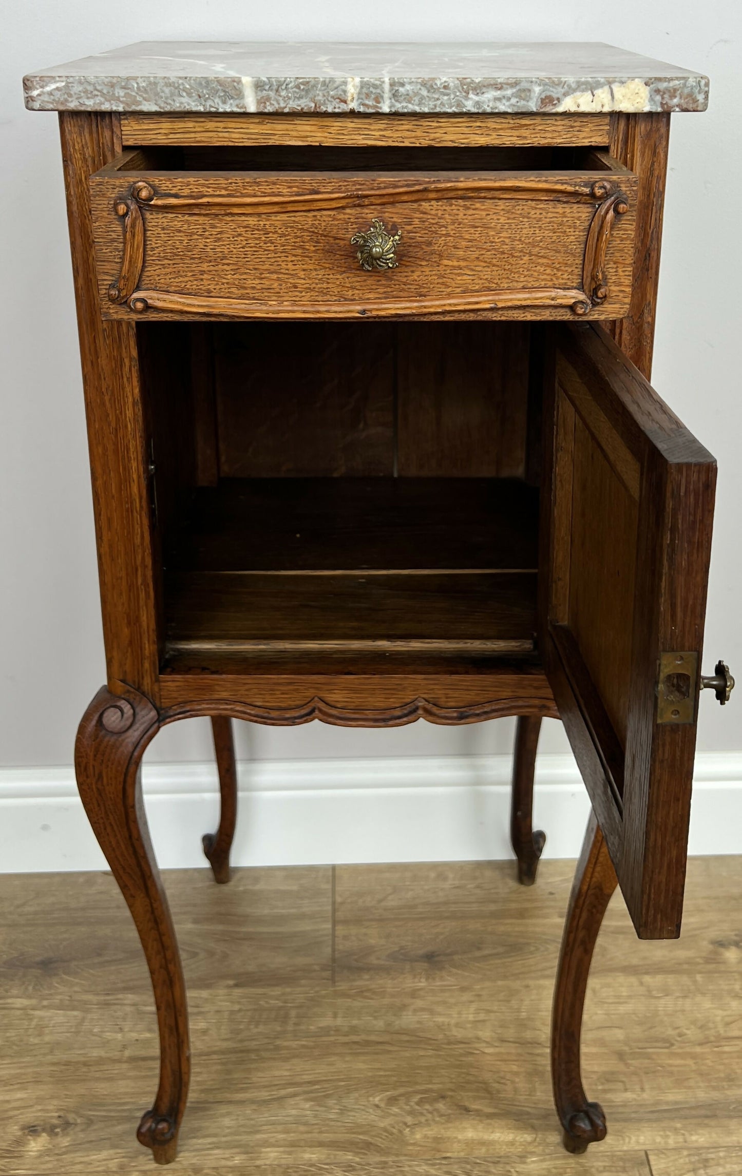 Bedside Table Antique French Marble Top Oak Cabinet Carved Cupboard LOT 6394