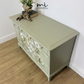 Refinished Stag Minstrel 4 over 2 chest of drawers in eucalyptus green with pretty floral design, dresser, dressing table pale sage, vintage