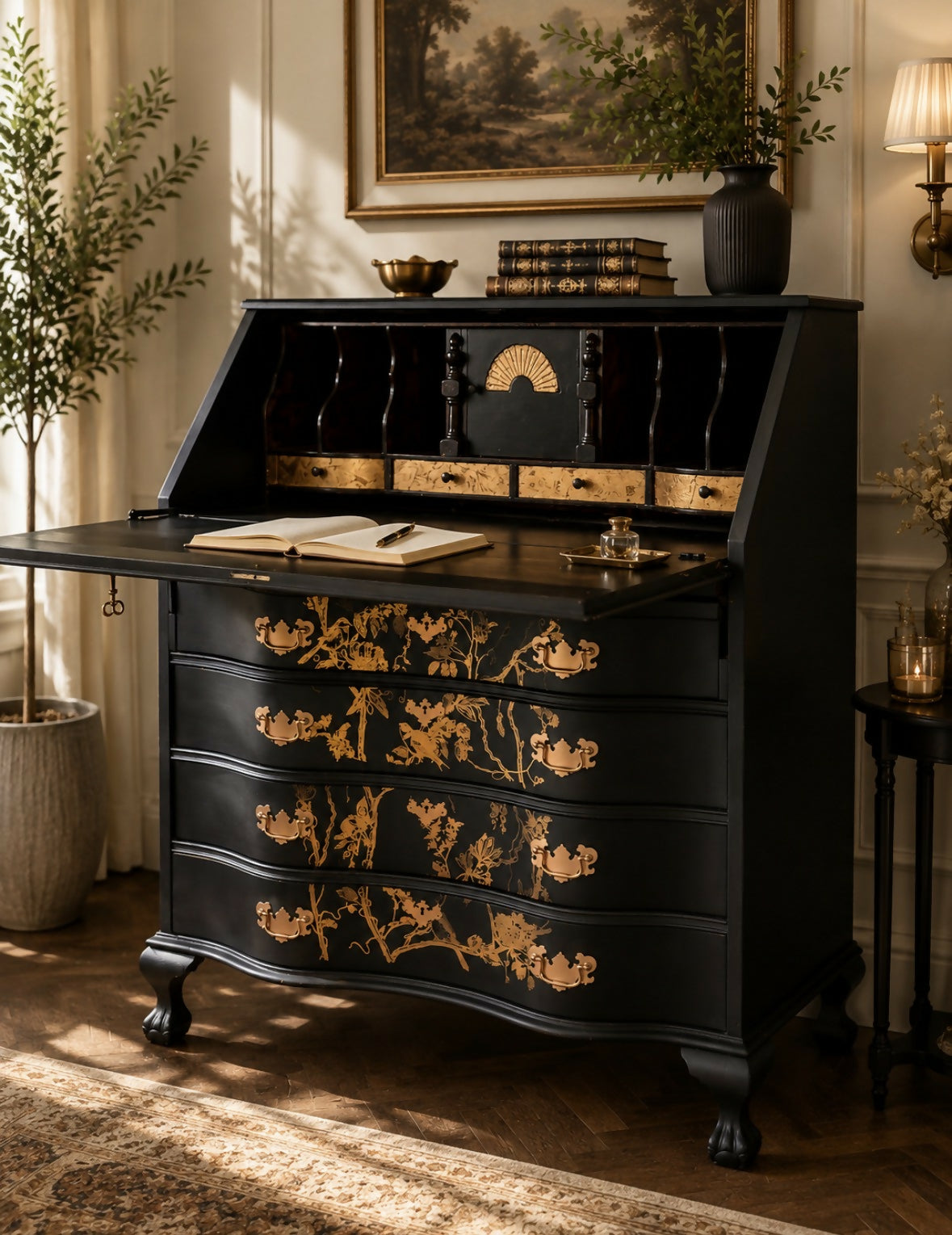 Hand-Painted Black Re-Finished Bureau with Copper Botanical Design