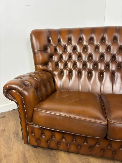 Vintage Brown Leather Button Back Chesterfield Two-Seater Settee