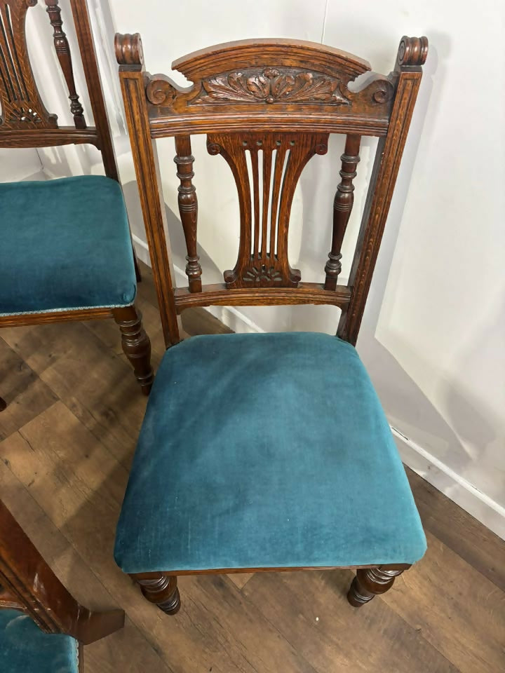 Set of Six Edwardian Carved Oak Dining Chairs –with Teal Upholstery
