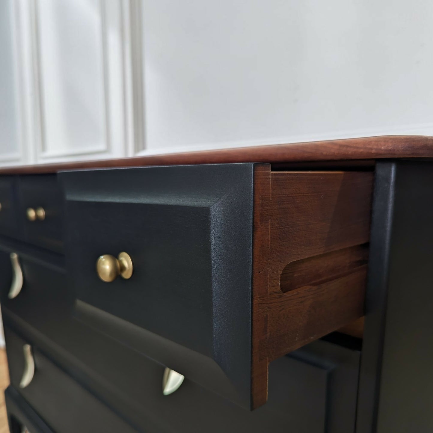Stag Mid-Century Modern Black Chest of Drawers, Cherry Wood, Gold Leaf Knobs