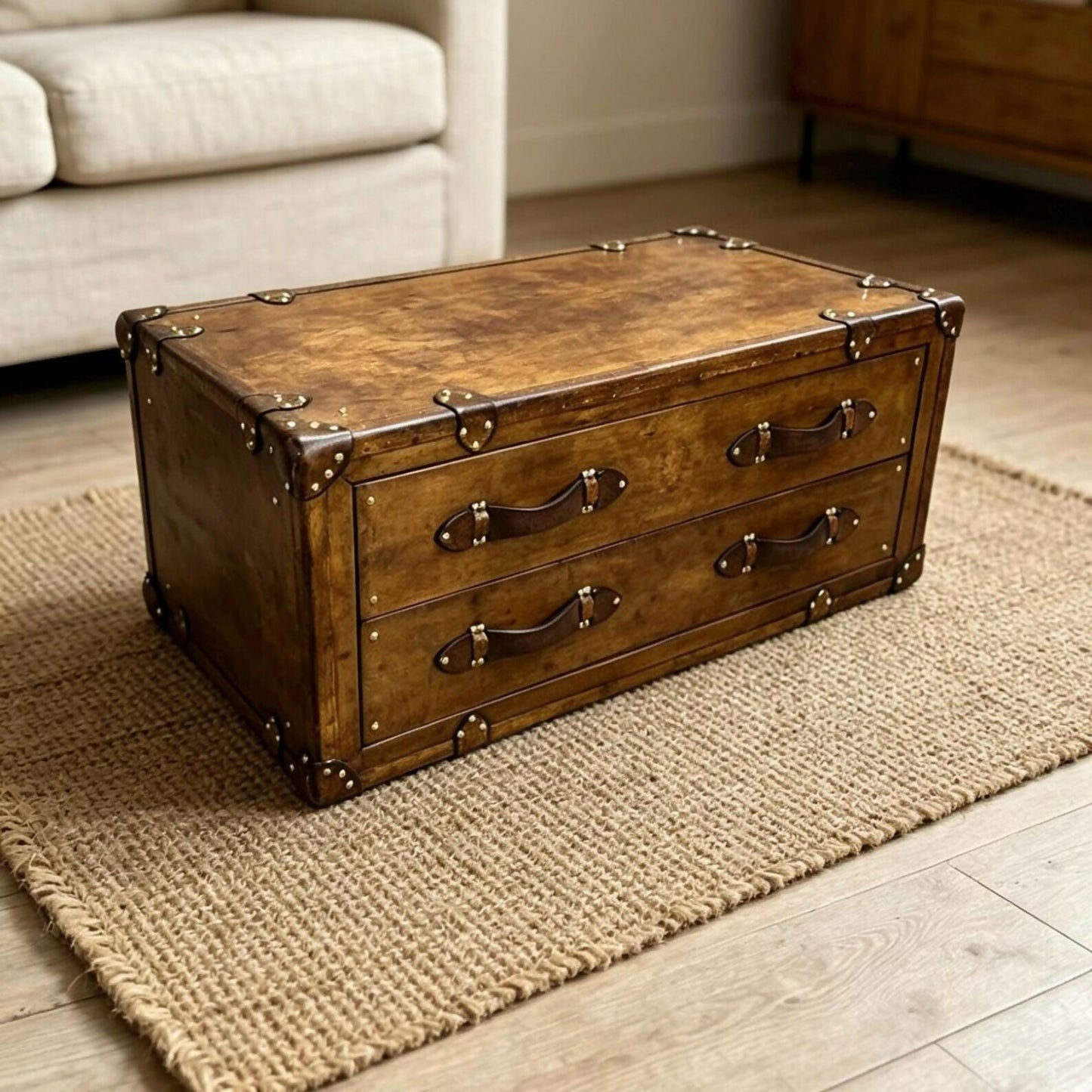 Handmade Vintage Coffee Table, Rustic Drawer Chest, Bridle Leather, English Steamer Style, Solid Hardwood