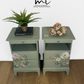 Rare Refinished Vintage Stag Minstrel Tea Tray Bedside Tables In Pale Sage Green With Floral Design, slim, nights stands, mid century