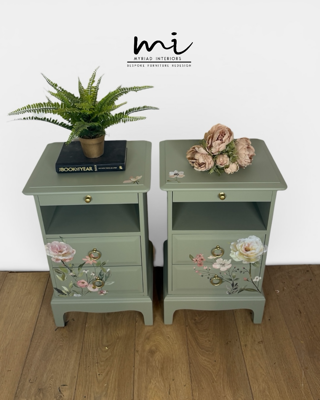 Rare Refinished Vintage Stag Minstrel Tea Tray Bedside Tables In Pale Sage Green With Floral Design, slim, nights stands, mid century