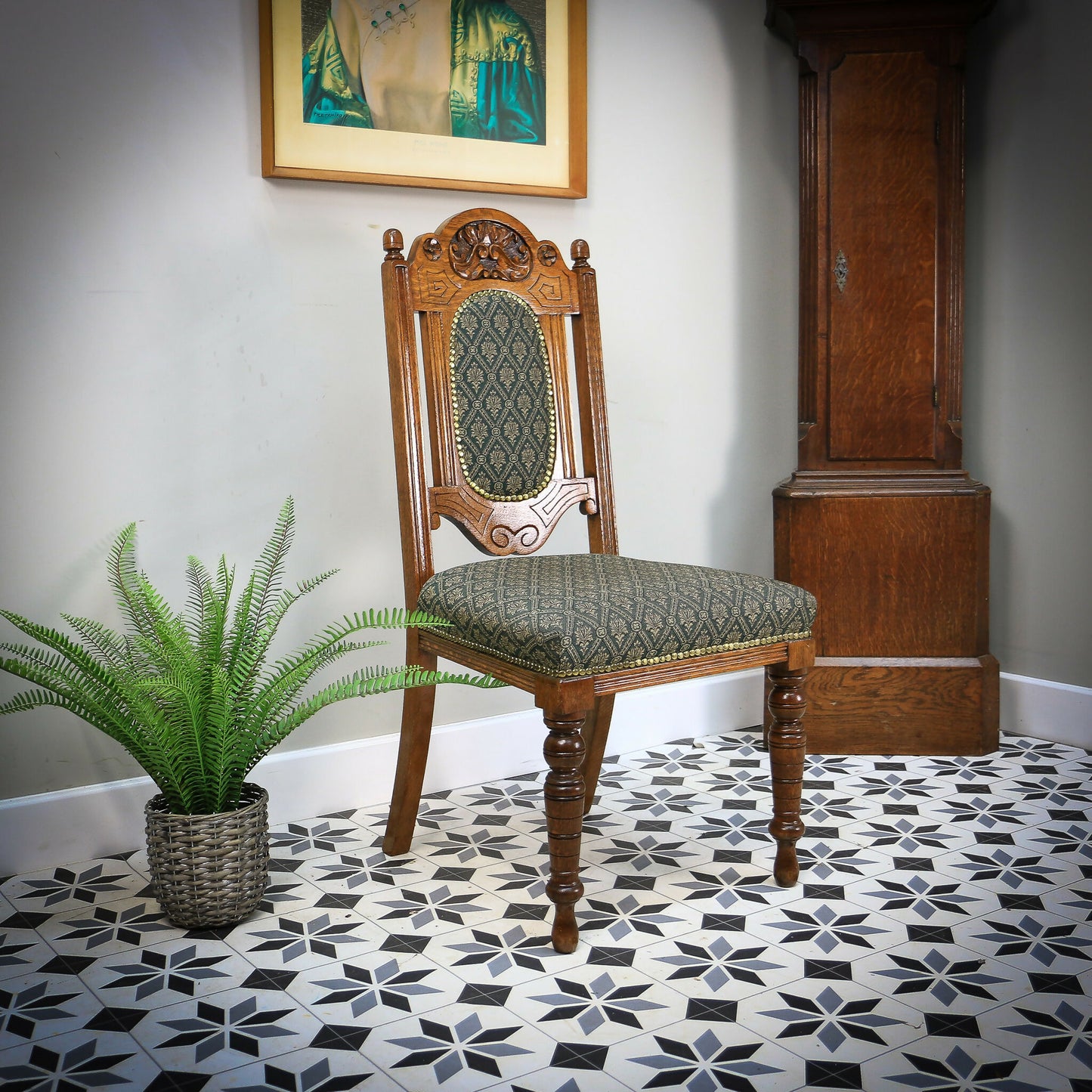 Victorian Side or Hall Chair Carved Back in Solid Oak with Green and Gold Fabric