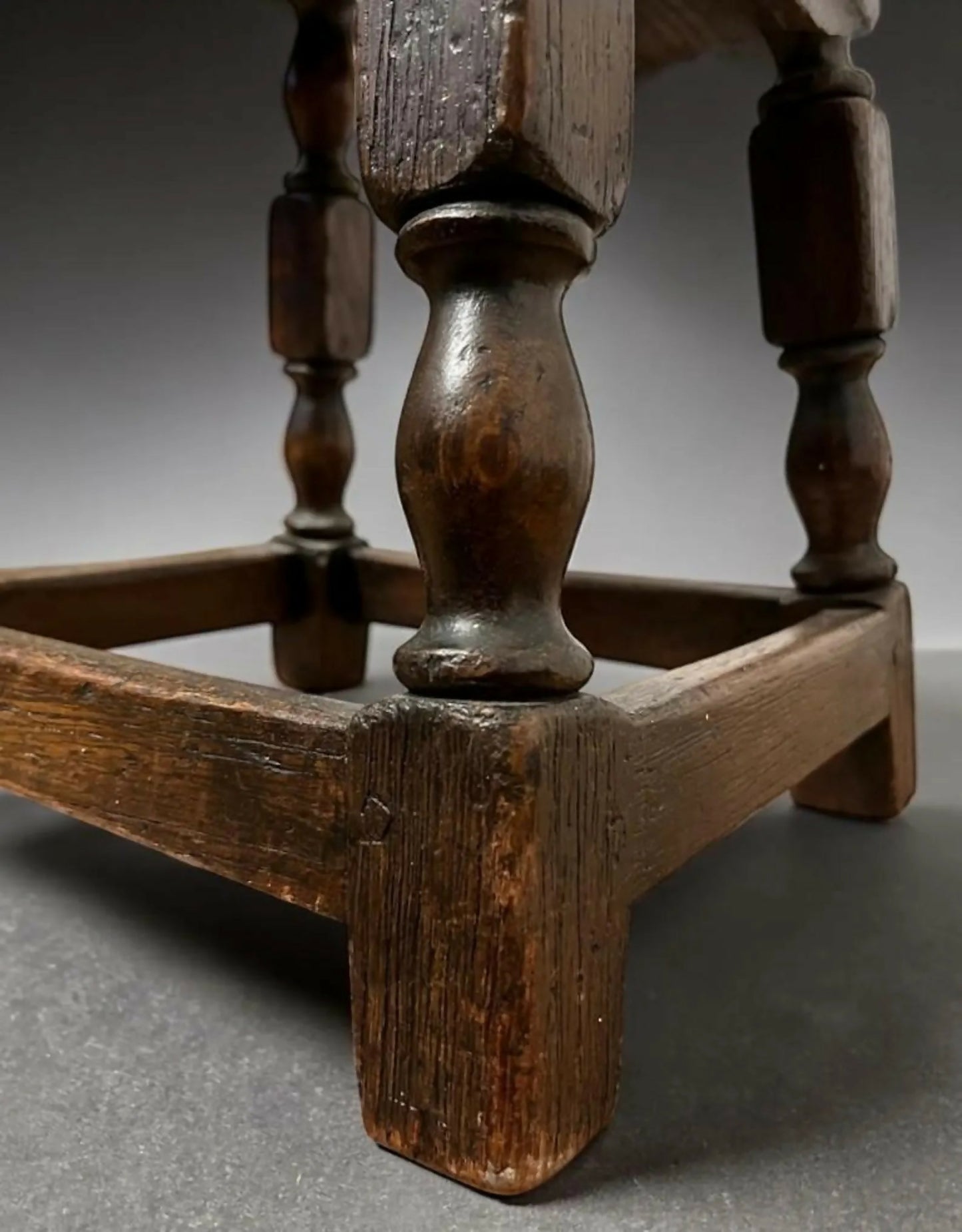 Vintage Oak Stool Rustic Wooden Footstool Turned Legs Aged Patina
