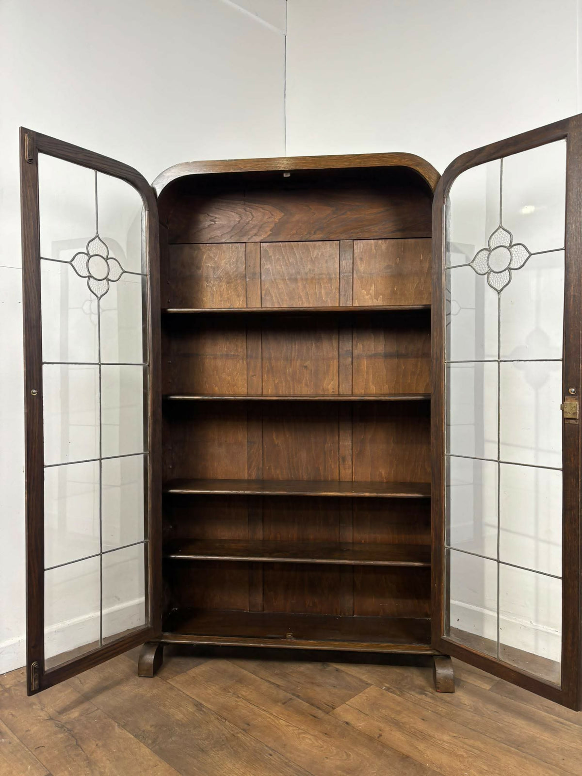 Art Deco Style Oak Leaded Glass Bookcase / Display Cabinet