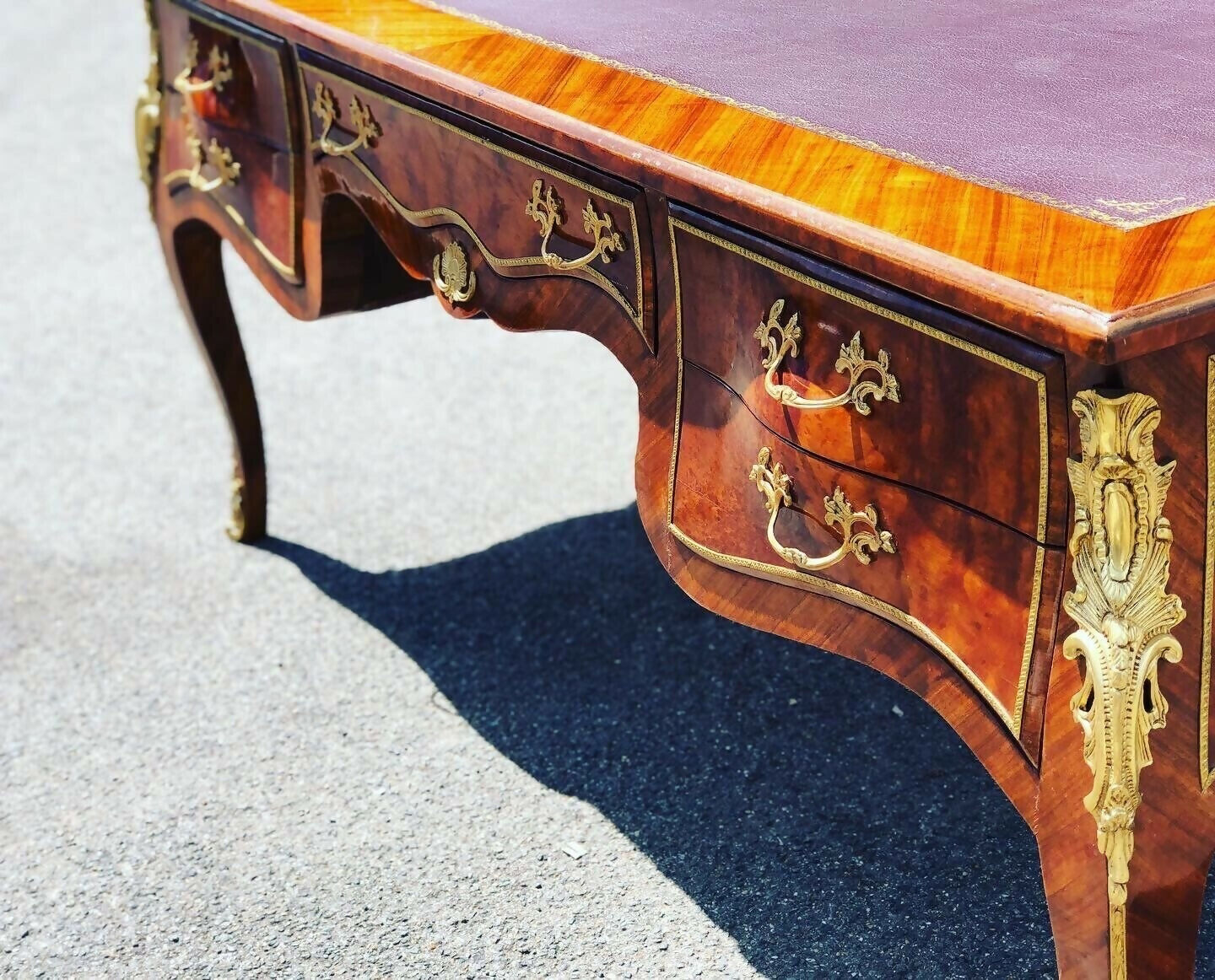 French Empire Style Large Inlaid Kingswood Desk With Brass Decoration
