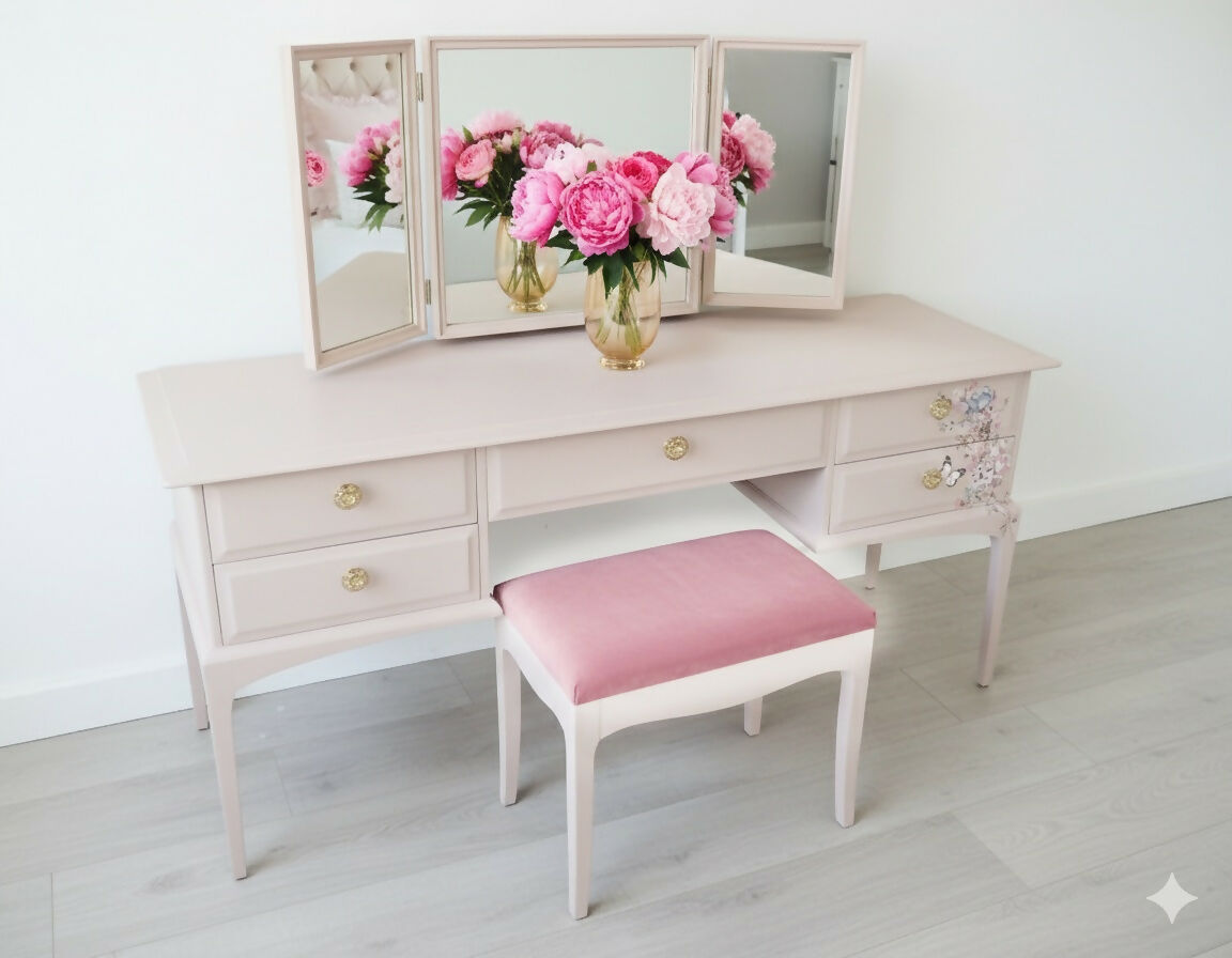 Vintage stag minstre pink floral dressing table, vanity table, pink, pink furniture, bedroom furniture, modern,mirror,stool,