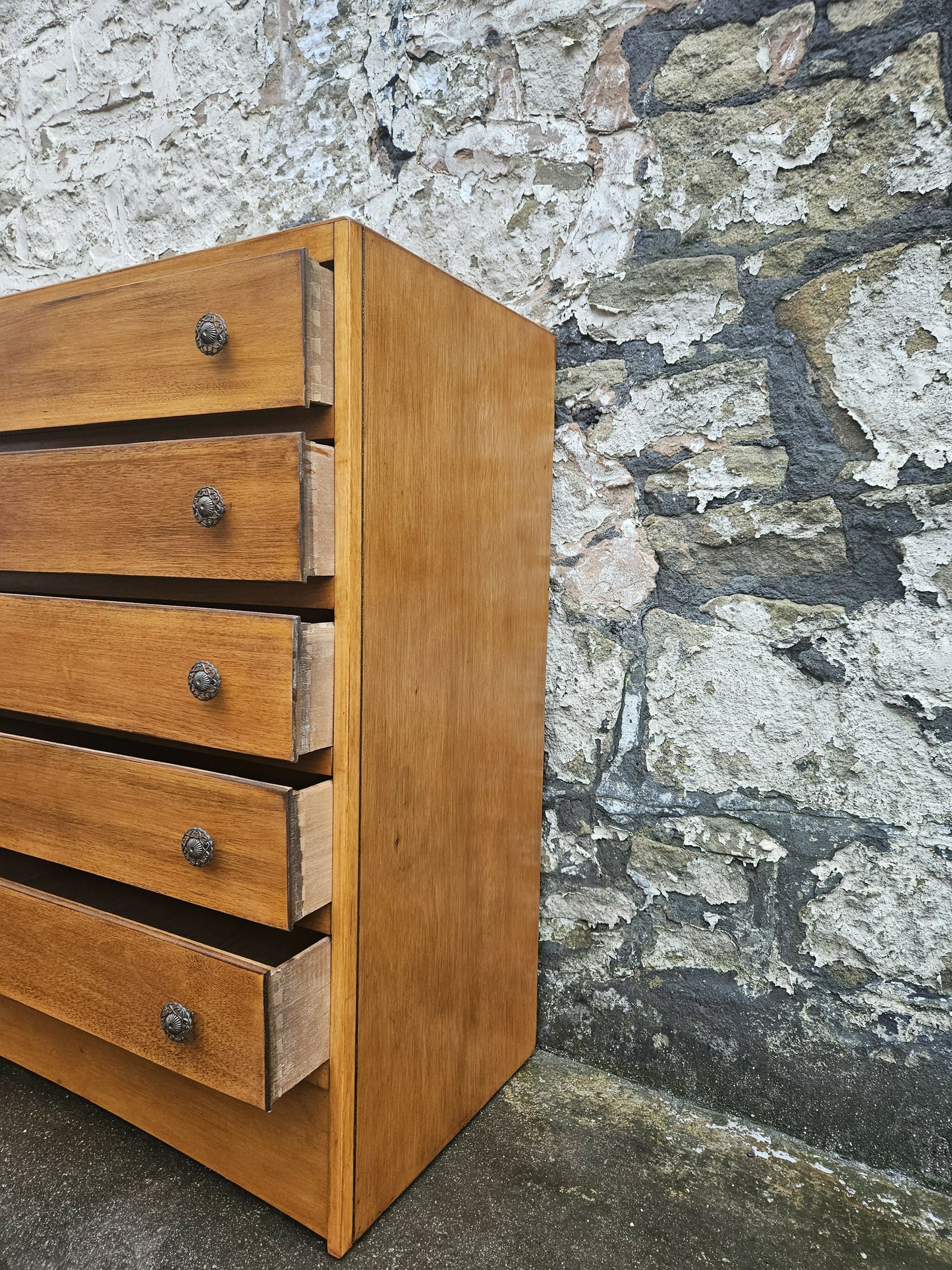 Vintage Oak Tallboy Chest of Drawers: Antique Cabinet with Detailing Five Drawer
