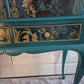 Exquisite Edwardian Cocktail Cabinet Luxury Upcycled – Teal & Peacock Decoupage, Mirrored Bar with LED & Gold Interior