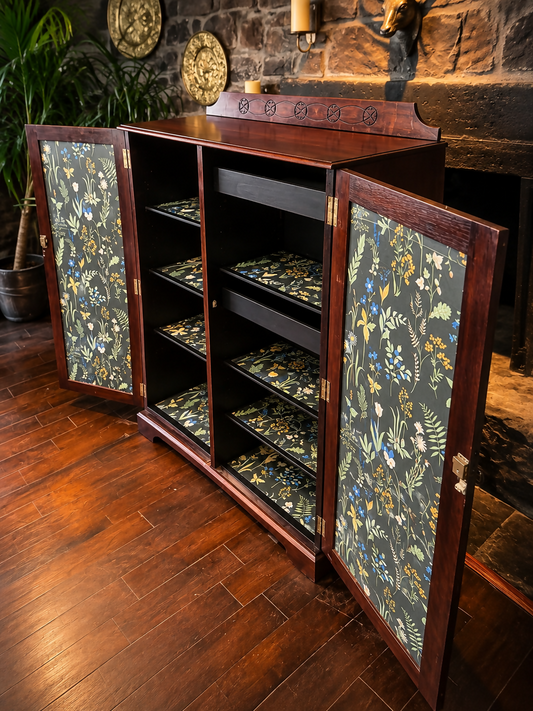 Antique Dark Wood Drinks Apothecary Cabinet With Botanical Cottagecore Interior