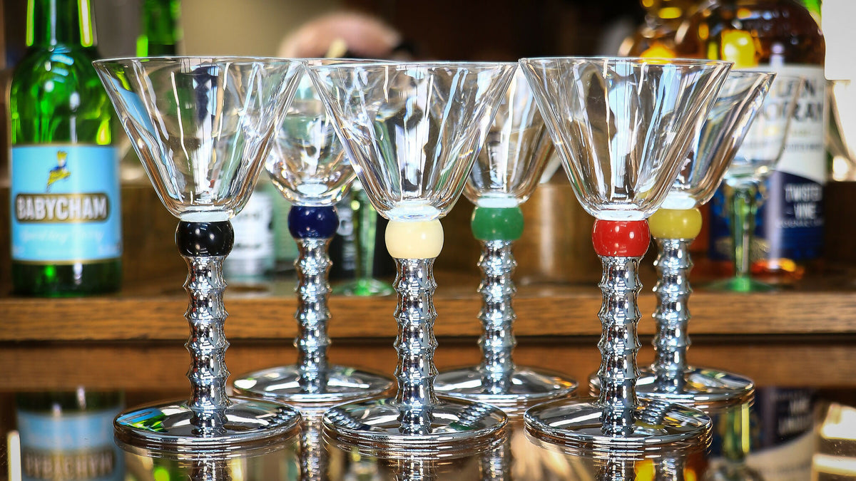 Six Art Deco Cocktail Martini Glasses on Chrome Stems with Coloured Accent Ball