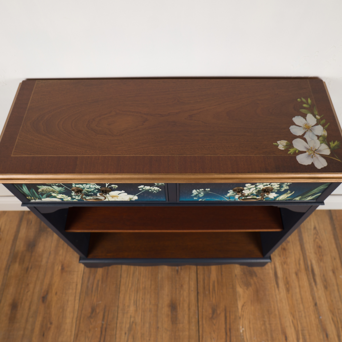 Upcycled Vintage Cabinet | Dark Navy Open Display Cabinet | Hand Painted Floral Furniture | Console Shelf