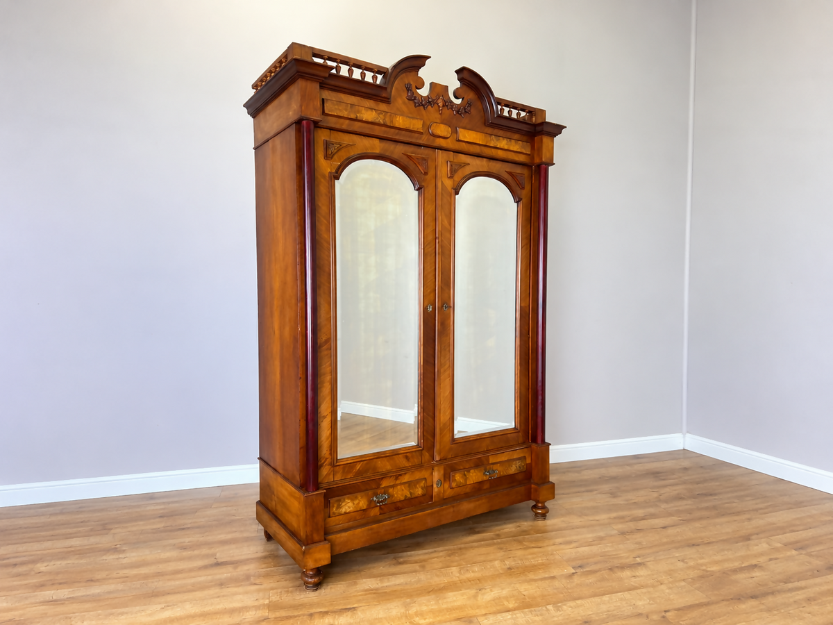 Wardrobe Antique French Style Walnut Mirrored Two Door Carved Armoire LOT 6520
