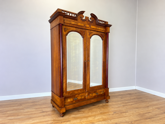 Wardrobe Antique French Style Walnut Mirrored Two Door Carved Armoire LOT 6520