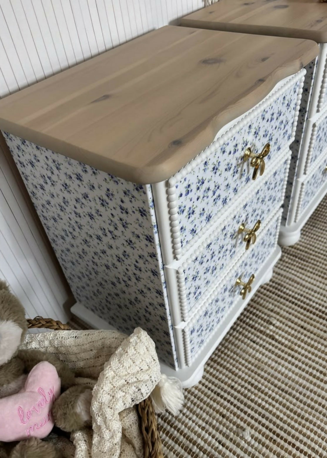 Pair of pine bedside drawers featuring floral decoupage
