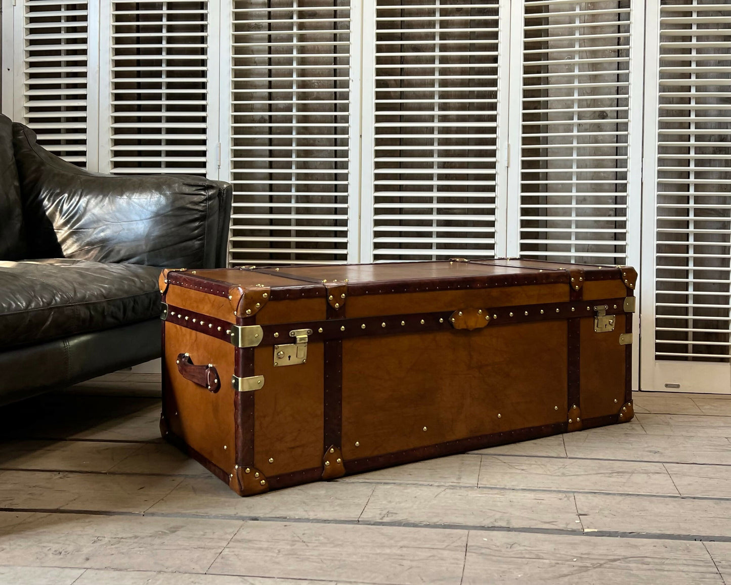 Luxury Handmade Tan Leather Coffee Table Trunk bespoke order for bridle