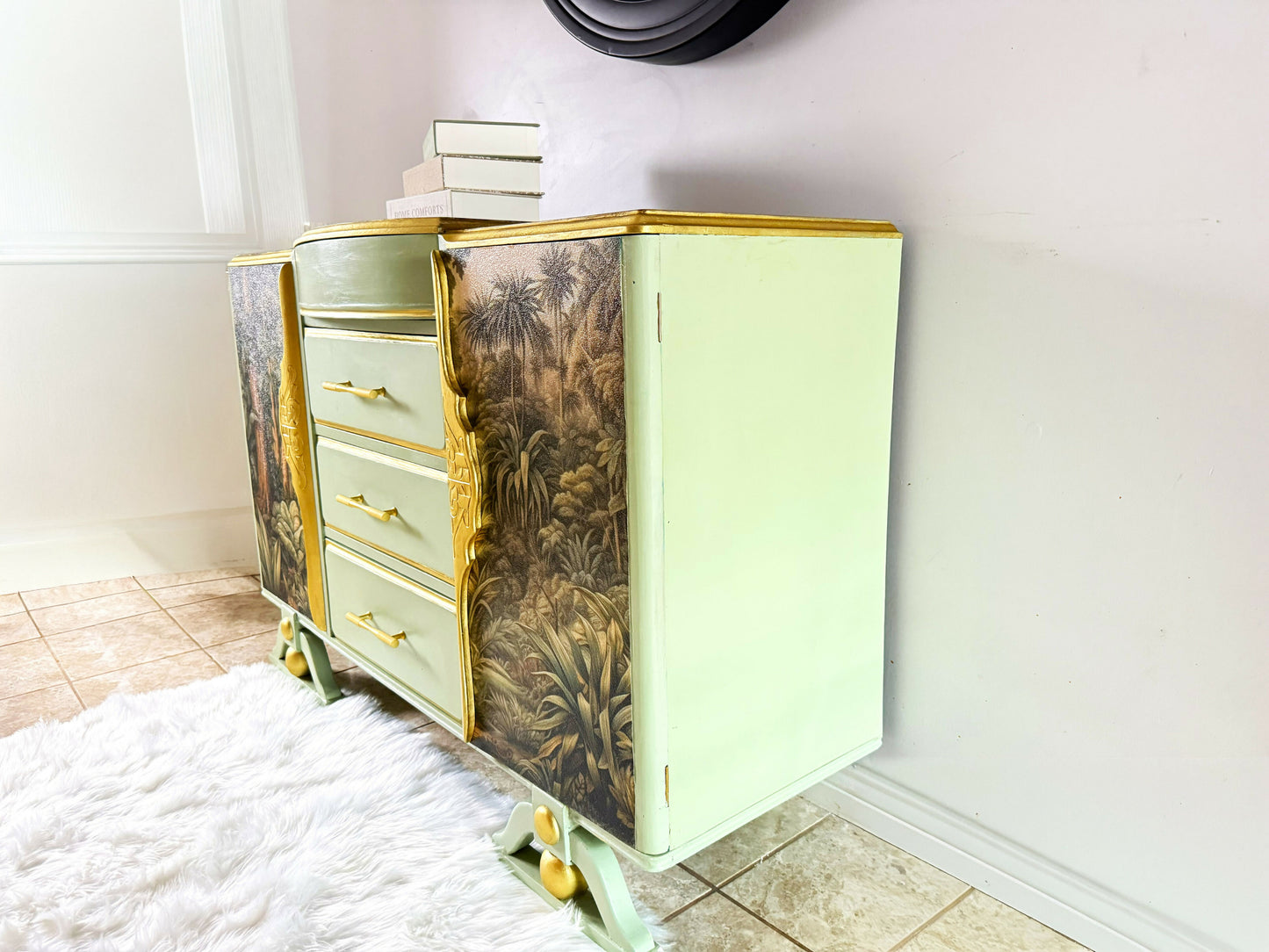 Upcycled French Provincial Cabinet in Sage Green and Tropical Jungle ,Upcycled Statement Furniture