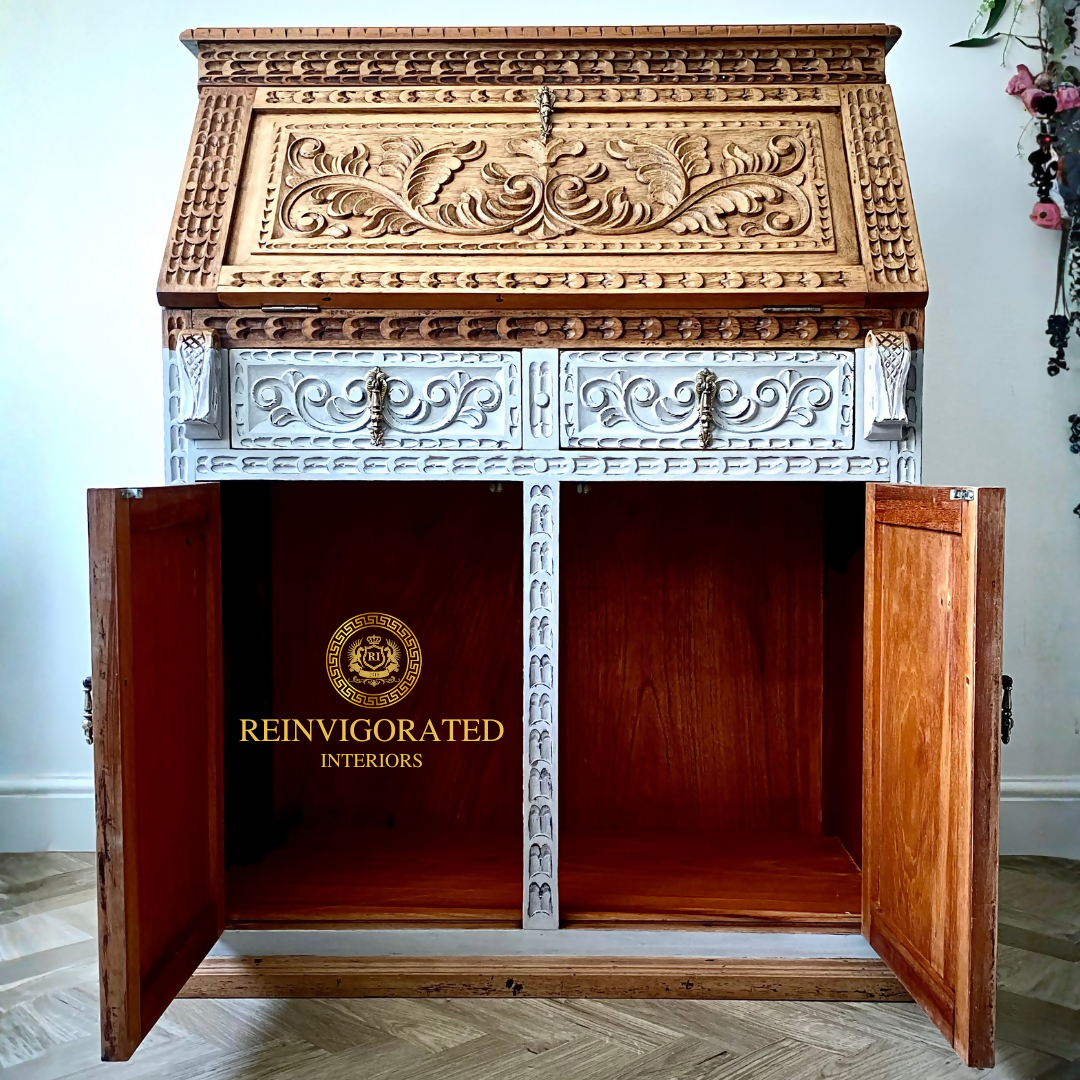 Antique Oak Carved Writing Desk Bureau Ornate