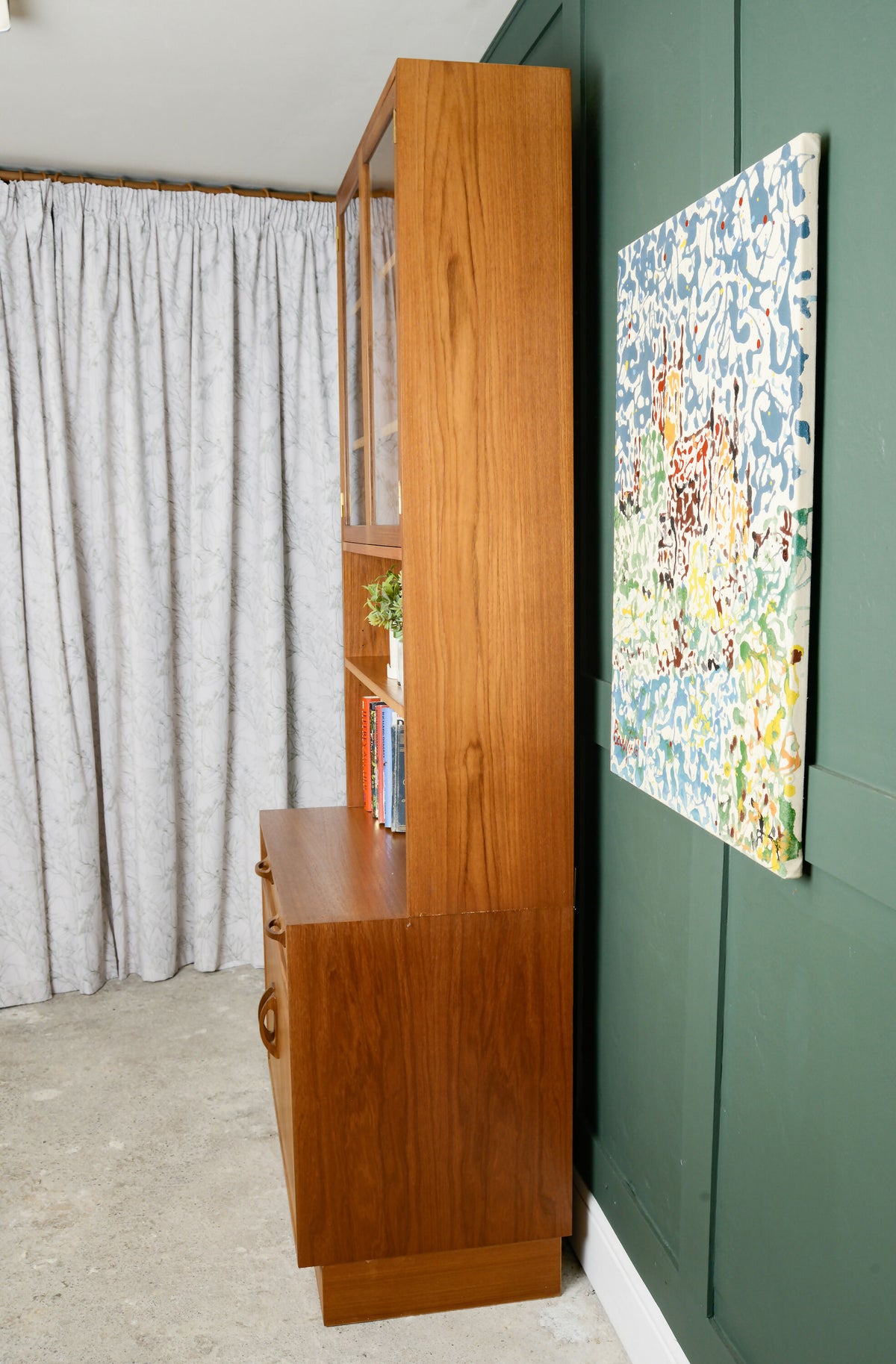 G Plan Sierra Wall Unit with Glass Doors and Green Backboard