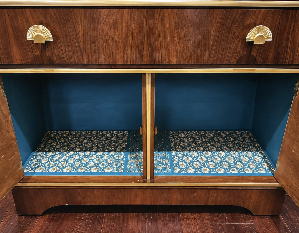 Art Deco Style Walnut Bureau/Writing Desk with Teal & Gold Interior