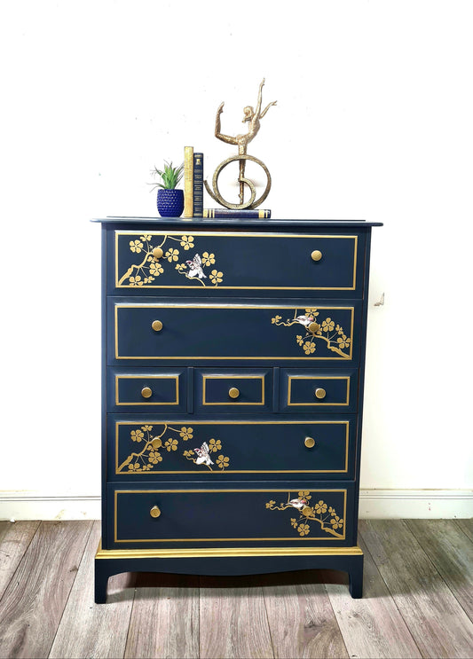 Nay and gold stag minstrel tall boy chest of drawers