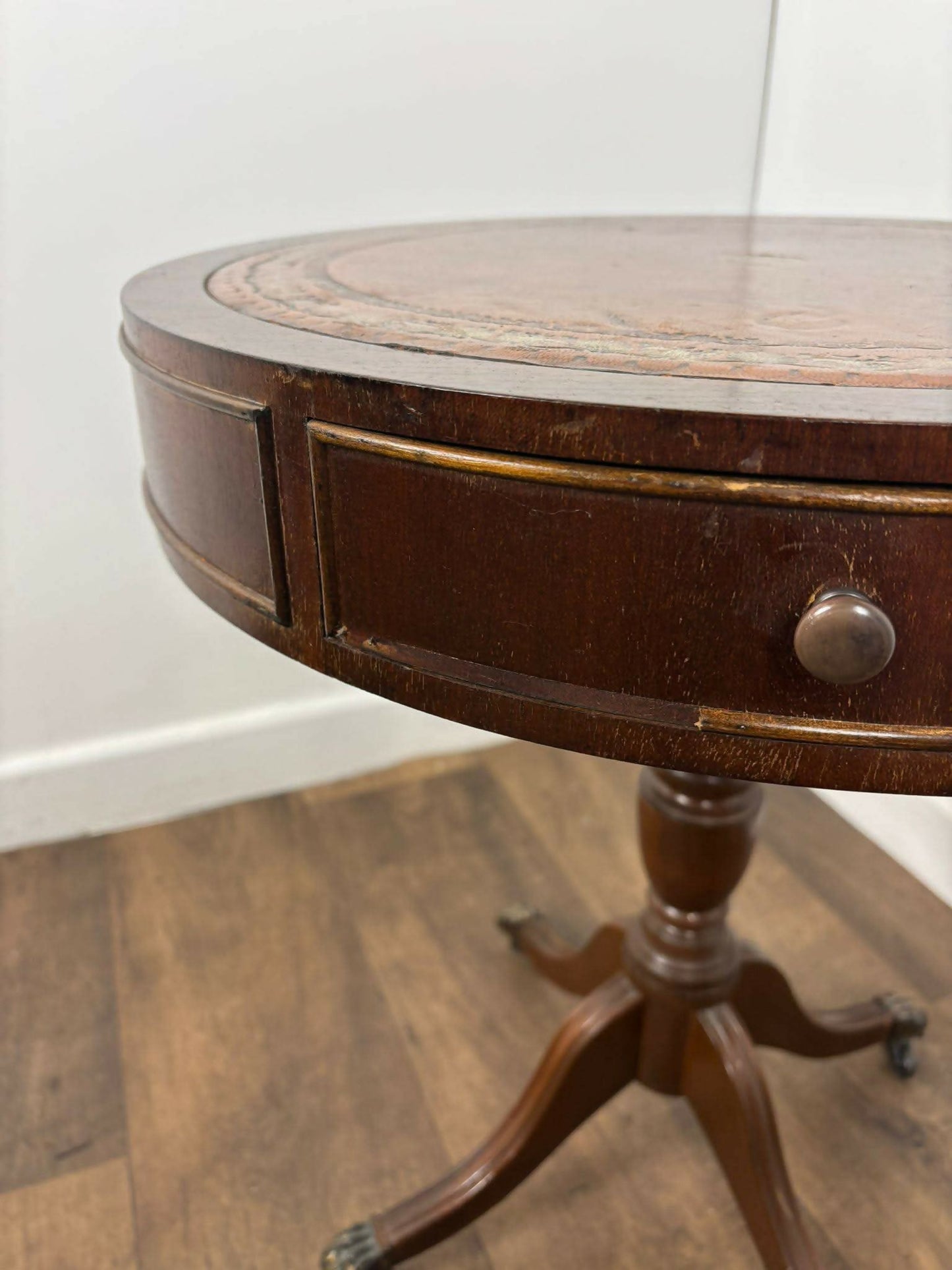 Vintage Reproduction Mahogany Drum Table with Leather Top