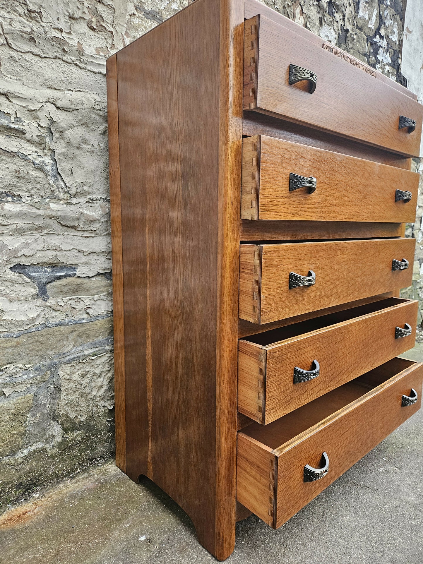 Vintage Oak Tallboy Chest of Drawers: Antique Cabinet with Detailing Five Drawer