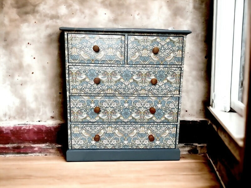 Upcycled Pine Chest Of Drawers, William Morris Print , Living Room, Dining Room, Hall , Kitchen Storage.