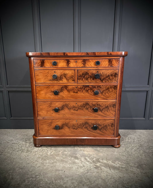 Large Vintage Victorian Tallboy Flame Mahogany Chest Of Drawers