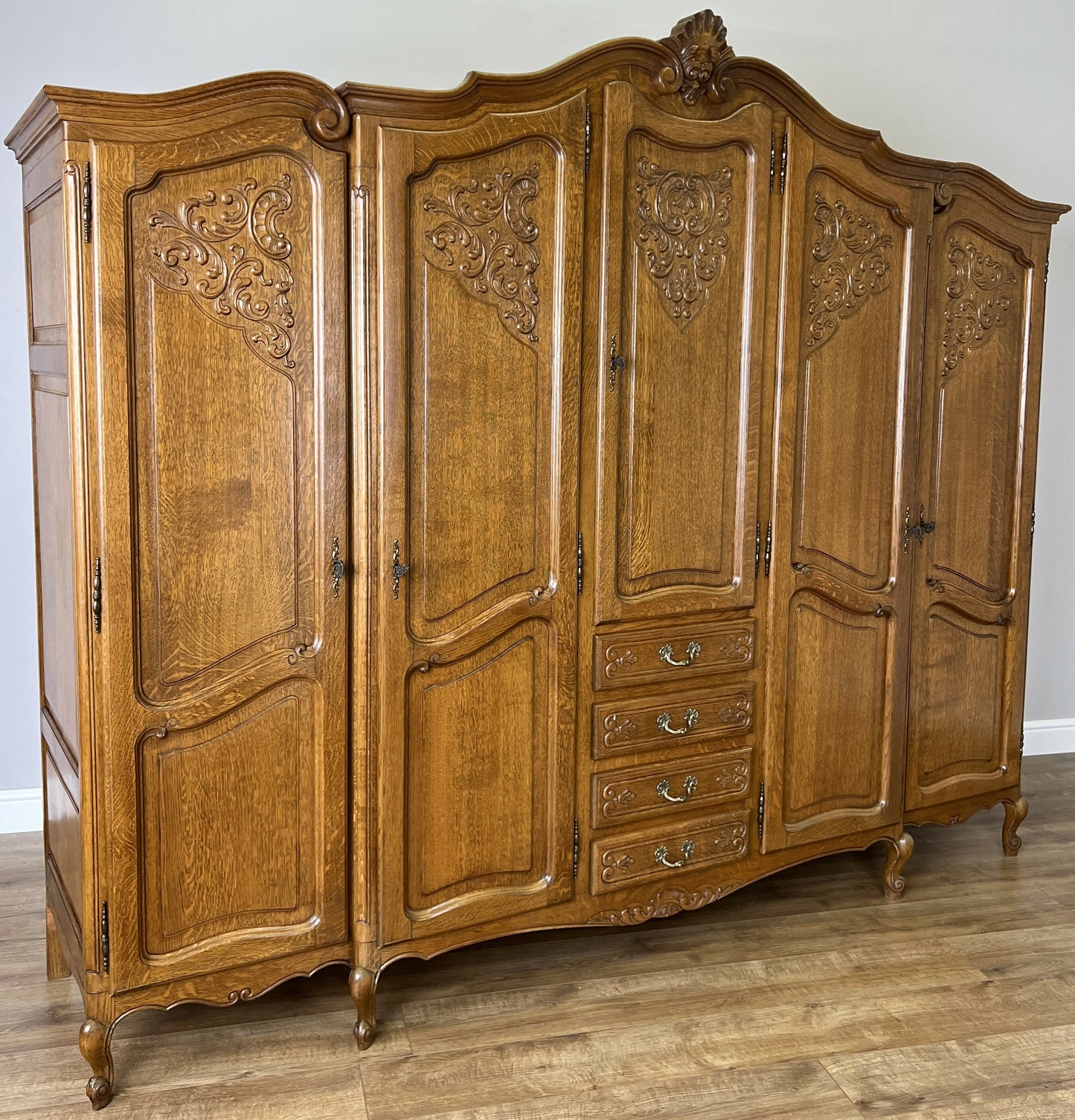 Wardrobe Vintage French Louis XVI Style Five Door Oak Carved Armoire LOT 6457