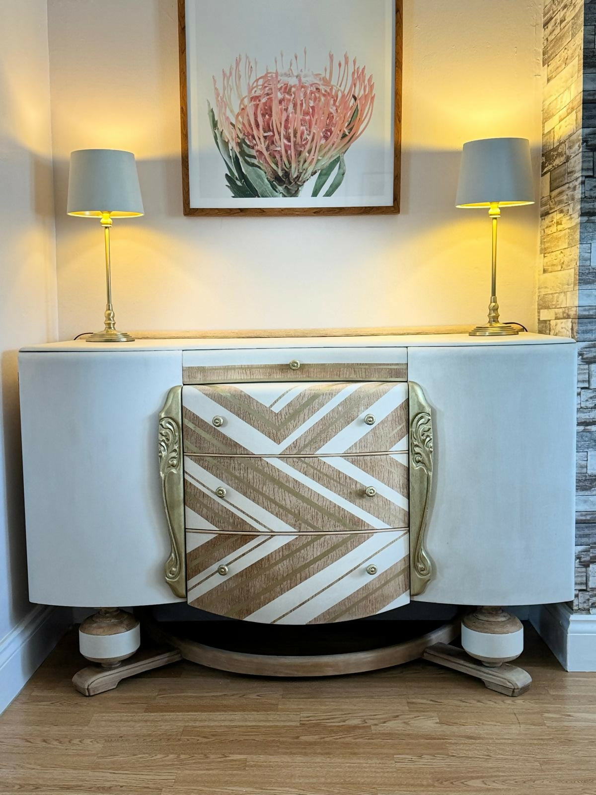 1960's Art Deco Beautility Sideboard in Farrow & Balls Skimming Stone and Gold Accents