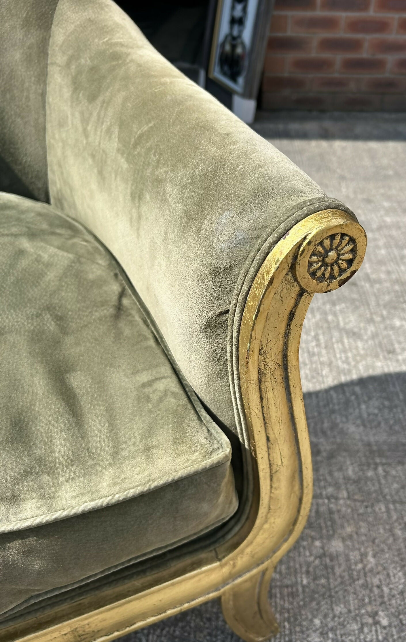 French Louis XVI Style Neoclassical Suede Leather Armchair With Gold Gilt Frame