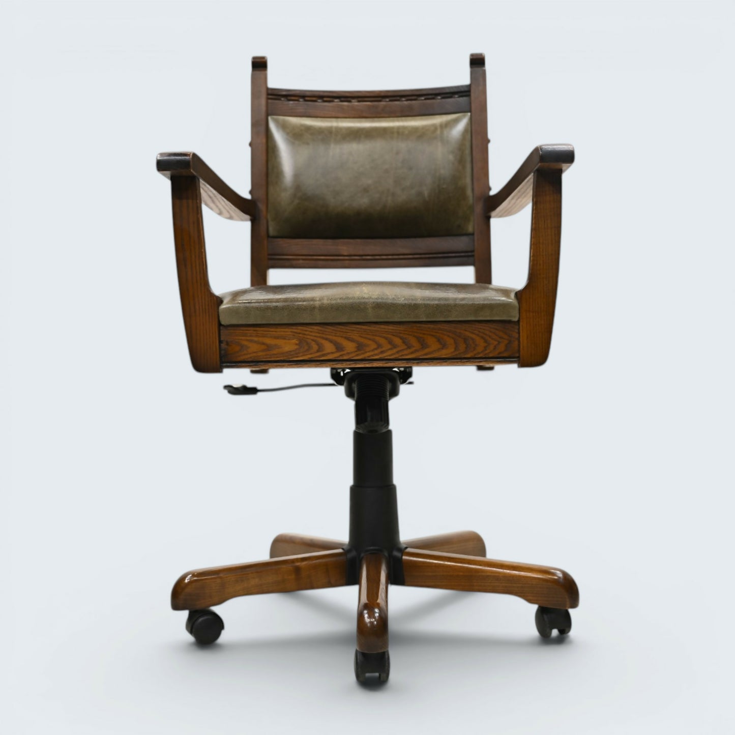 Vintage Wood Bros Old Charm Captains Office Chair Green Hide Leather Swivel Tilt
