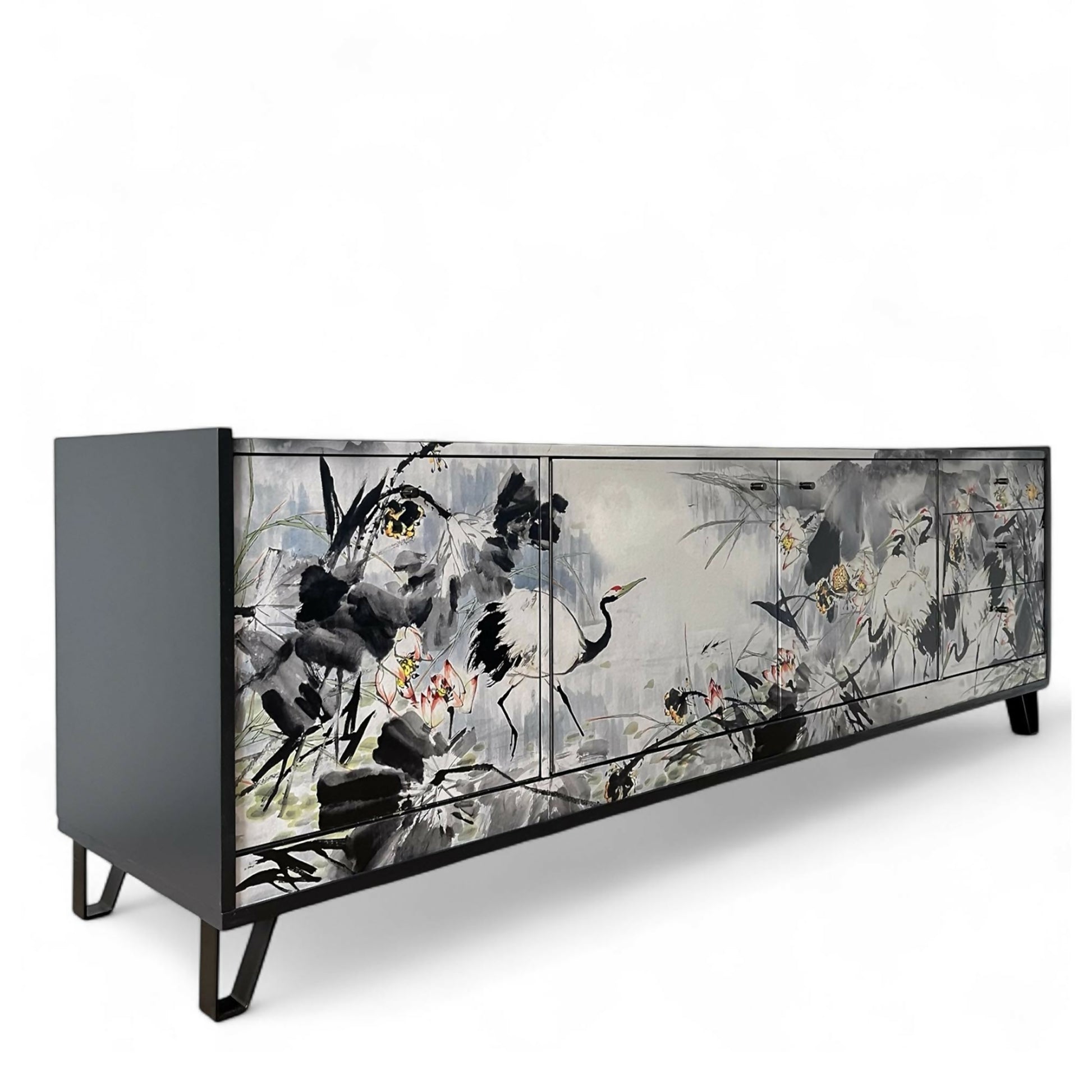 Retro sideboard with drawers decorated in oriental crane design