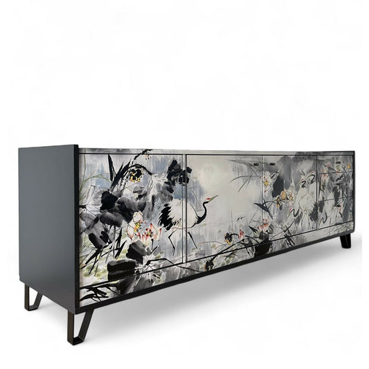 Retro sideboard with drawers decorated in oriental crane design