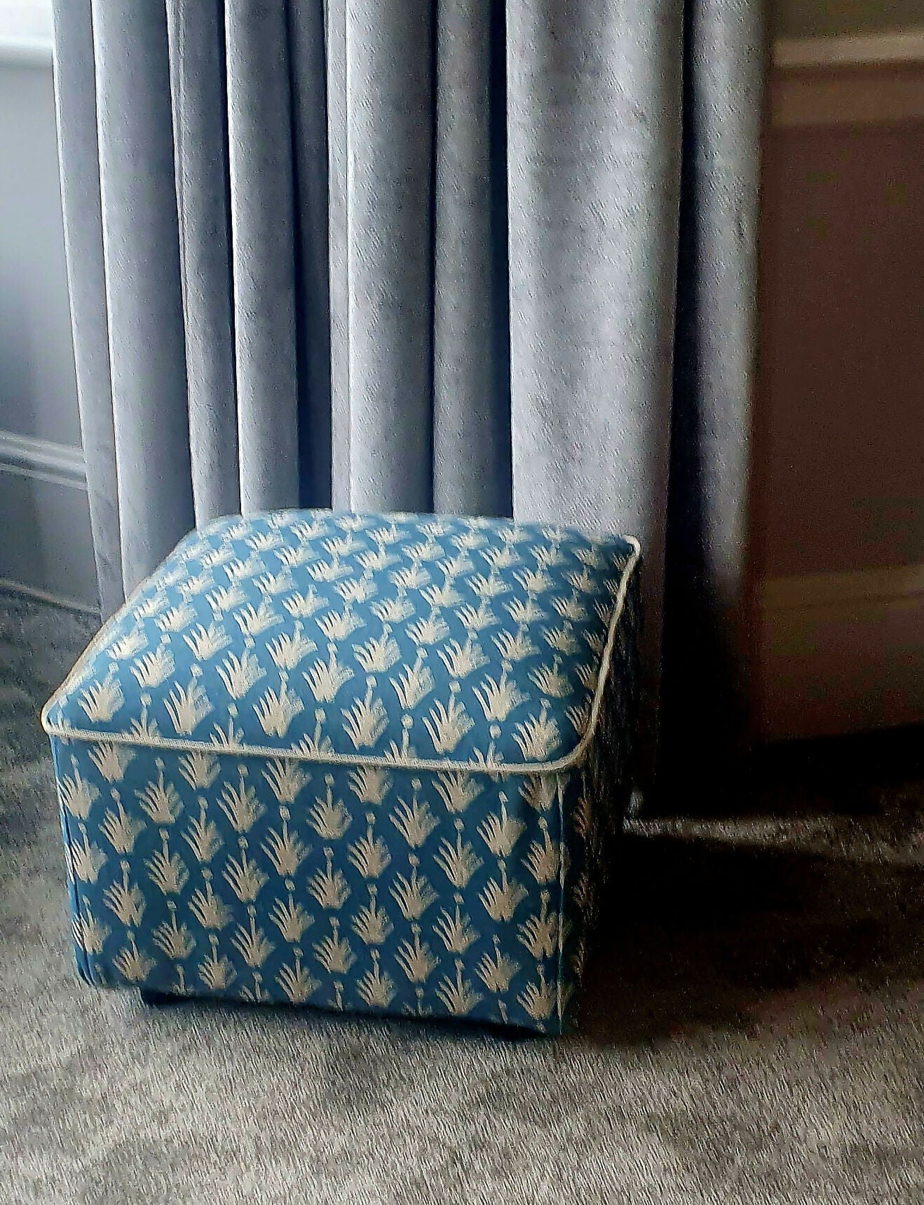 Footstool Pouffe Ottoman square on 4 feet Reupholstered in a High End Belgium Linen