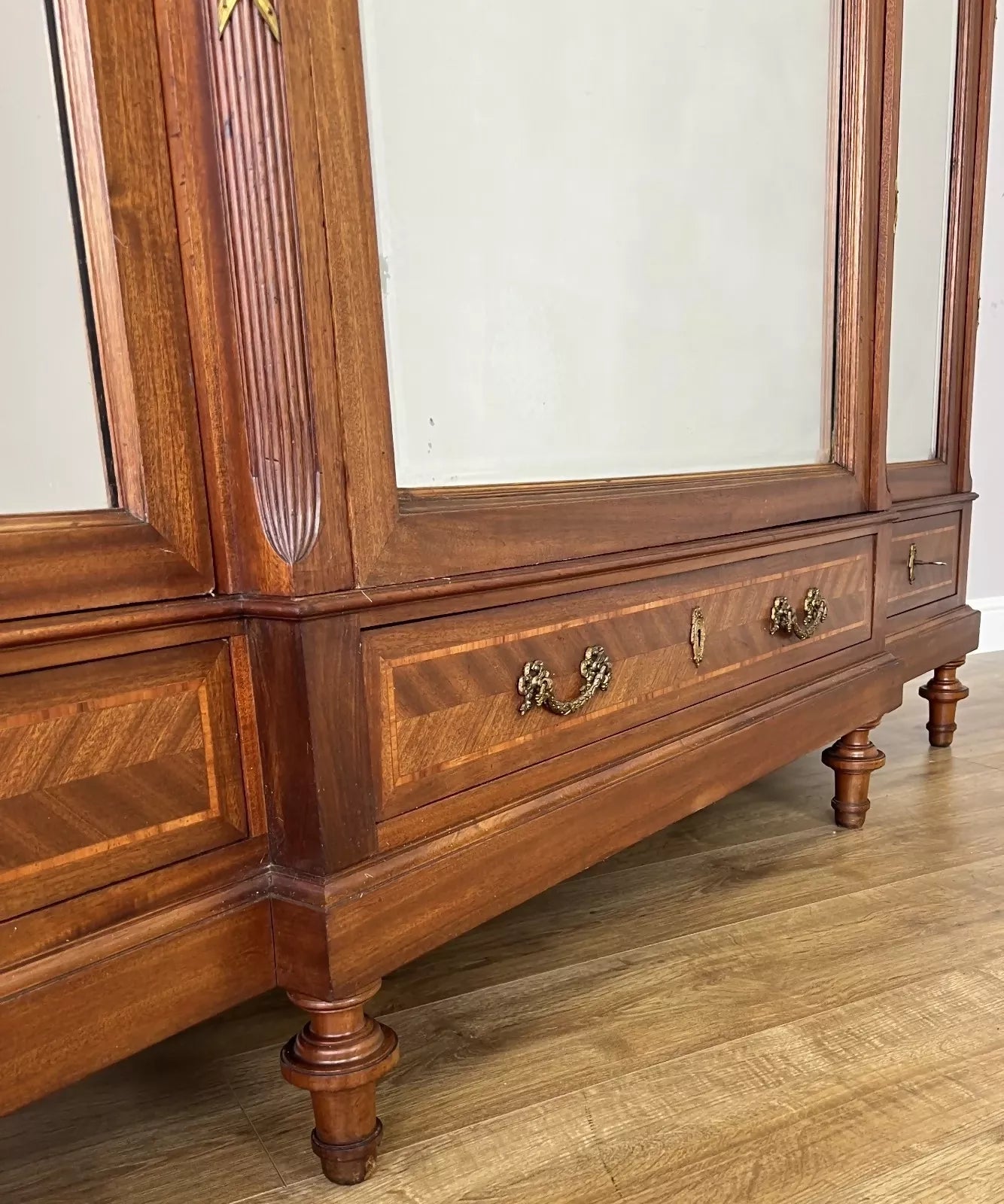 Wardrobe Antique French Style Three Door Inlaid Burr Mirrored Armoire LOT 6163