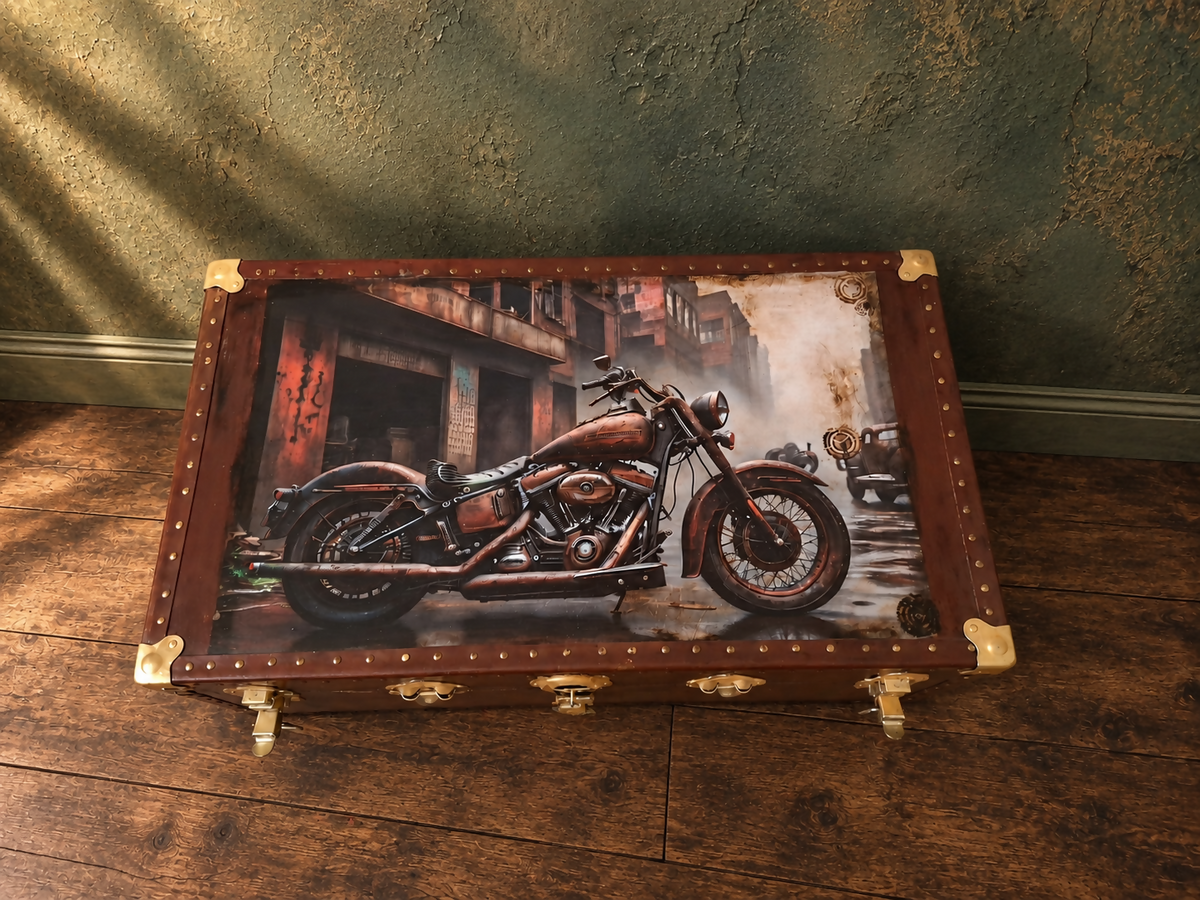 Decoupaged trynk.Industrial Motorcycle Coffee Table / Storage Trunk