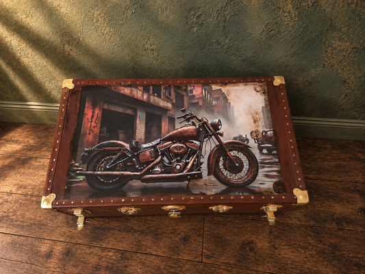 Decoupaged trynk.Industrial Motorcycle Coffee Table / Storage Trunk