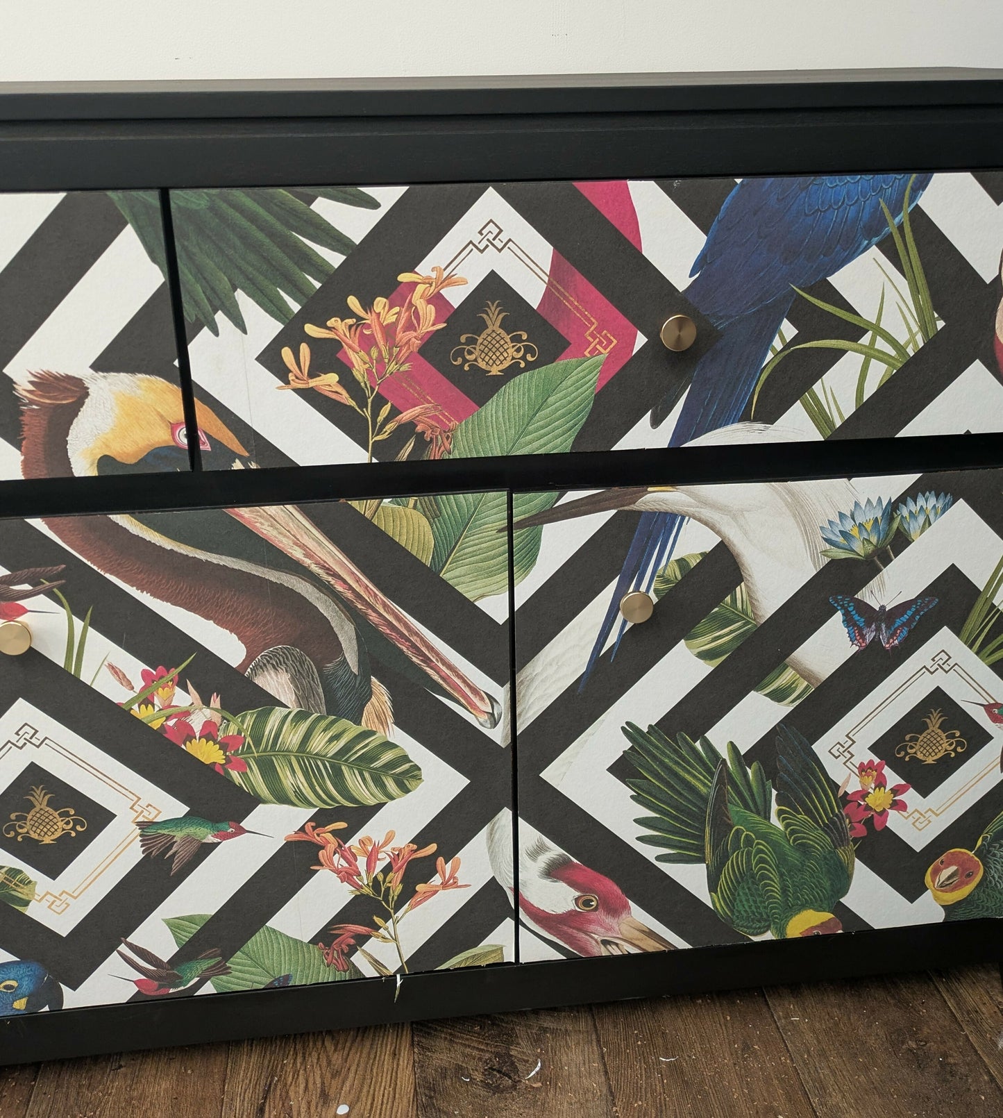 Solid Oak Vintage Sideboard Upcycled Painted Black. Animal Bird Geometric Print