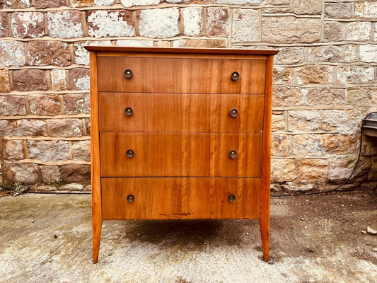 Mid-Century Teak Chest of Drawers – Vintage 4-Drawer Unit with Tapered Legs & Metal Pulls